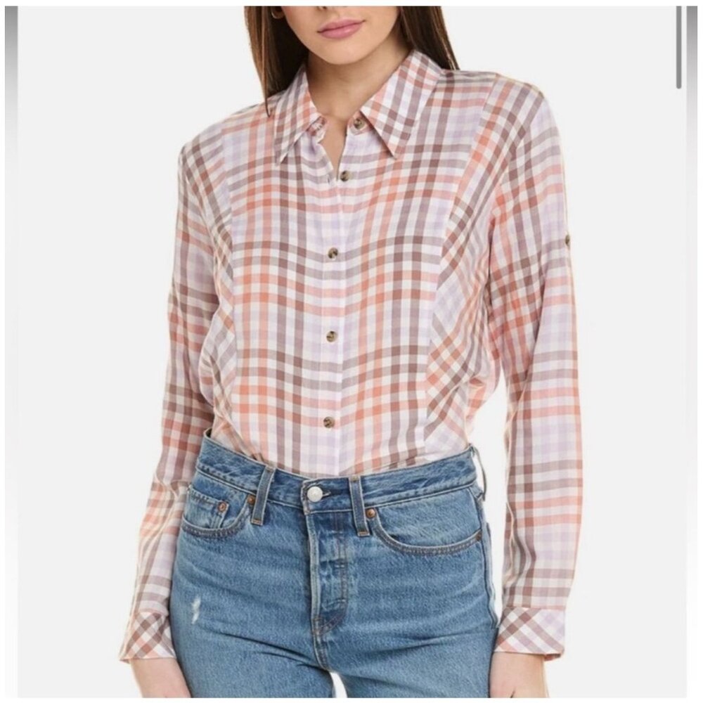 Cabi Legacy Shirt Size Large Gingham White Pink Button Up Rayon Collared Shirt #